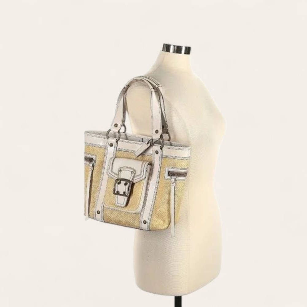 Coach Vintage Straw Tote Bag White Leather 113 Legacy Y2K Summer Shoulder Purse - Picture 3 of 11
